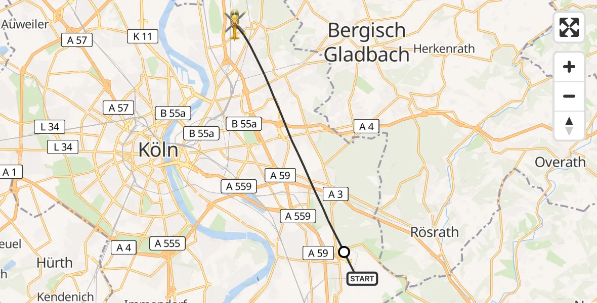 Flugroute Ambulanzhubschrauber Köln Bonn Flughafen - Köln, 29 März 2026, 05:22
