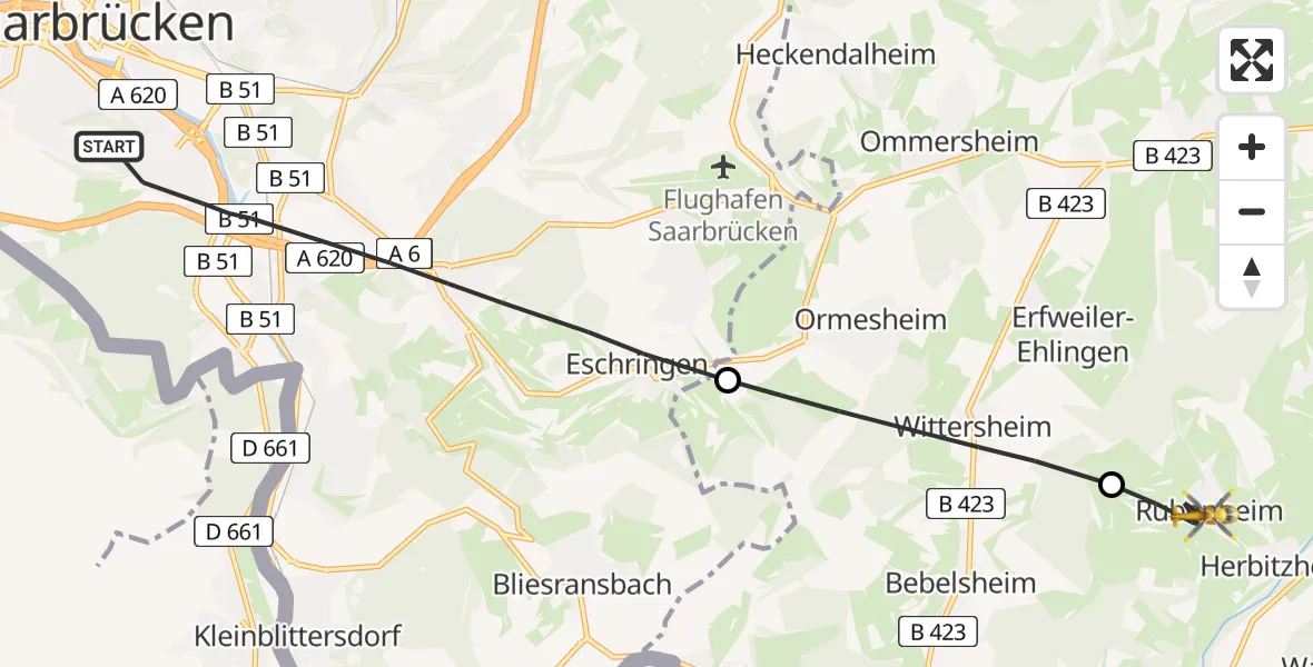 Flugroute Rettungshubschrauber Saarbrücken - Gersheim, 29 März 2026, 06:05