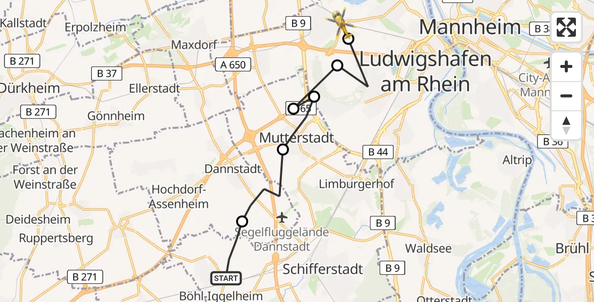 Routekaart van de vlucht: Rettungshubschrauber nach Ludwigshafen am Rhein, Sternstraße
