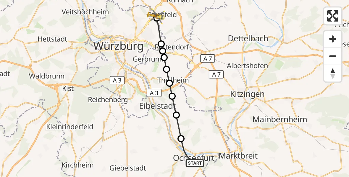 Flugroute Rettungshubschrauber Ochsenfurt - Estenfeld, 29 März 2026, 06:28