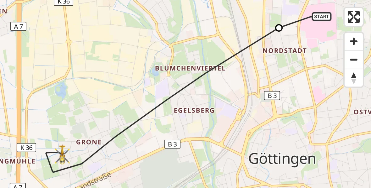 Flugroute Rettungshubschrauber Göttingen University Clinic Hubschrauberlandeplatz - Göttingen, 29 März 2026, 06:36
