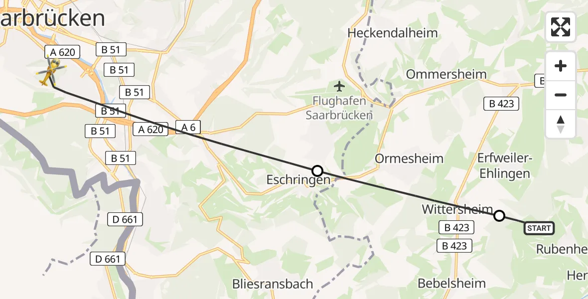 Routekaart van de vlucht: Rettungshubschrauber nach Saarbrücken, Winterberg