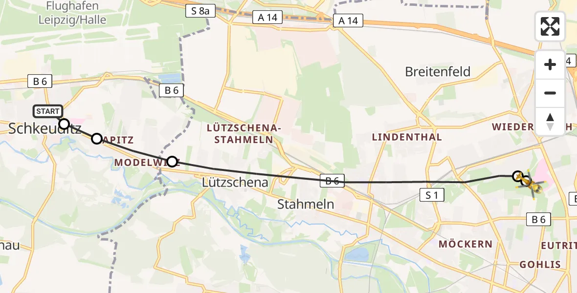 Flugroute Rettungshubschrauber Schkeuditz - Sankt Georg Hospital Leipzig Reserve, 29 März 2026, 06:48