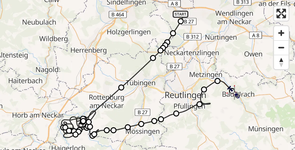 Flugroute Polizeihubschrauber Flughafen Stuttgart - Bad Urach, 29 März 2026, 07:13