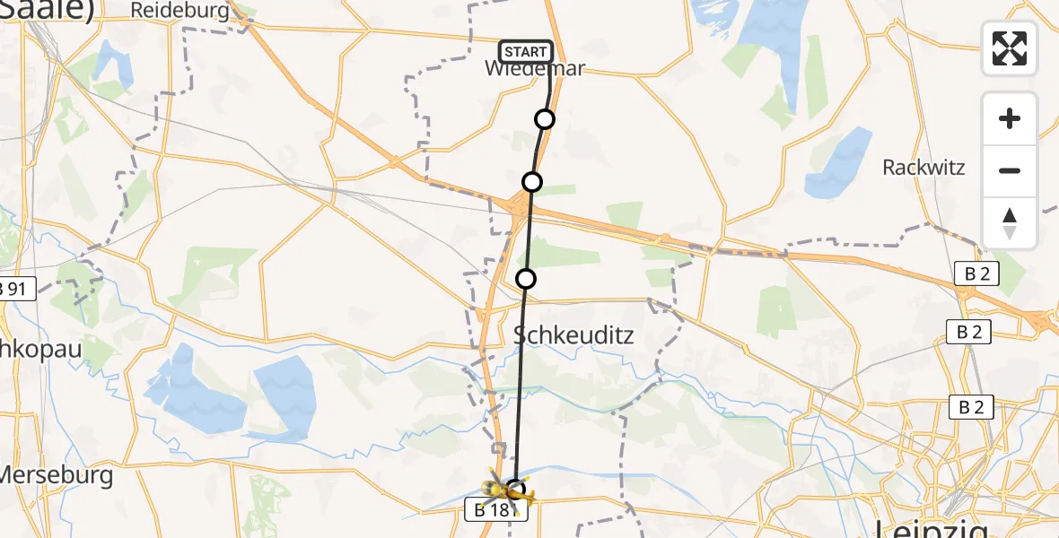 Routekaart van de vlucht: Rettungshubschrauber nach ADAC Air Rescue Station Leipzig/Schkeuditz-Dölzig Hubschrauberlandeplatz (Christoph 61)