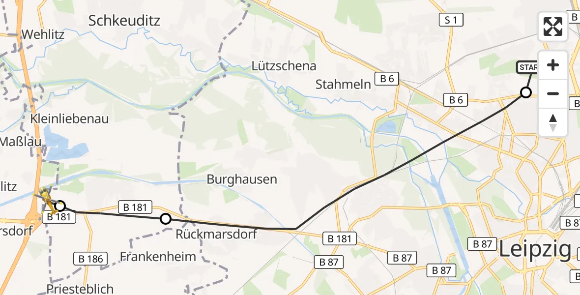 Flugroute Rettungshubschrauber Sankt Georg Hospital Leipzig Reserve - ADAC Air Rescue Station Leipzig/Schkeuditz-Dölzig Hubschrauberlandeplatz (Christoph 61), 29 März 2026, 07:27