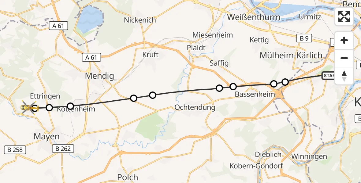 Flugroute Rettungshubschrauber Koblenz - Sankt Johann, 29 März 2026, 07:31