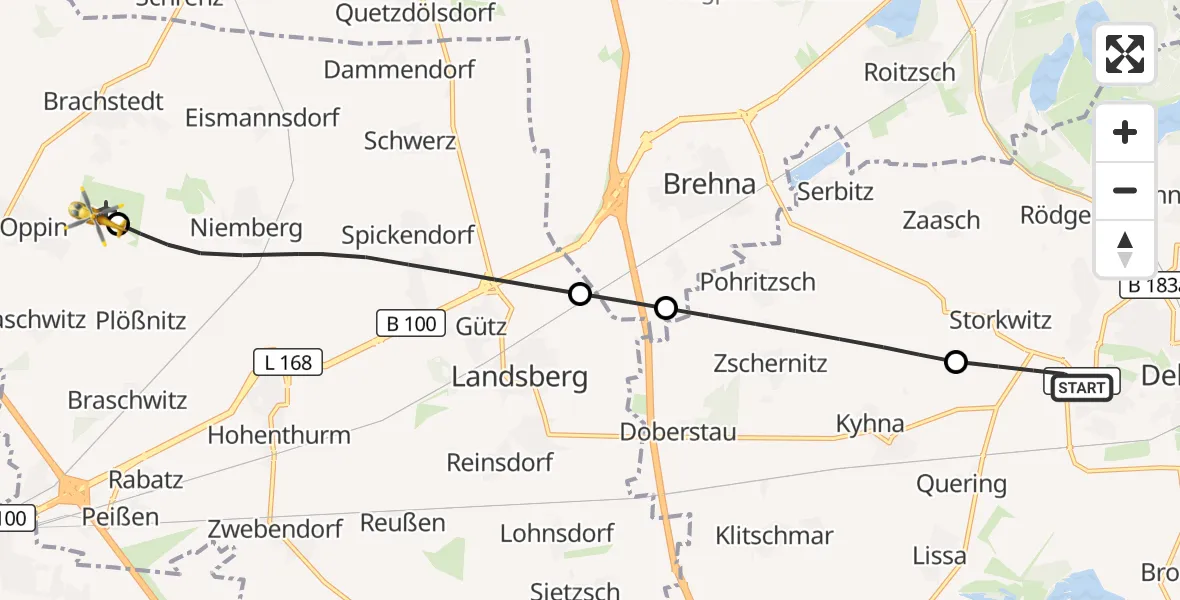 Flugroute Ambulanzhubschrauber Delitzsch - Halle-Oppin Flugplatz, 29 März 2026, 07:32