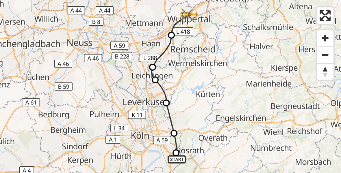 Flugroute Ambulanzhubschrauber Köln Bonn Flughafen - Wuppertal, 29 März 2026, 07:35