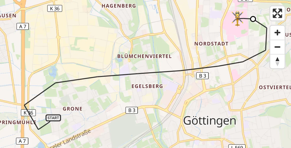 Flugroute Rettungshubschrauber Göttingen - Göttingen University Clinic Hubschrauberlandeplatz, 29 März 2026, 07:38