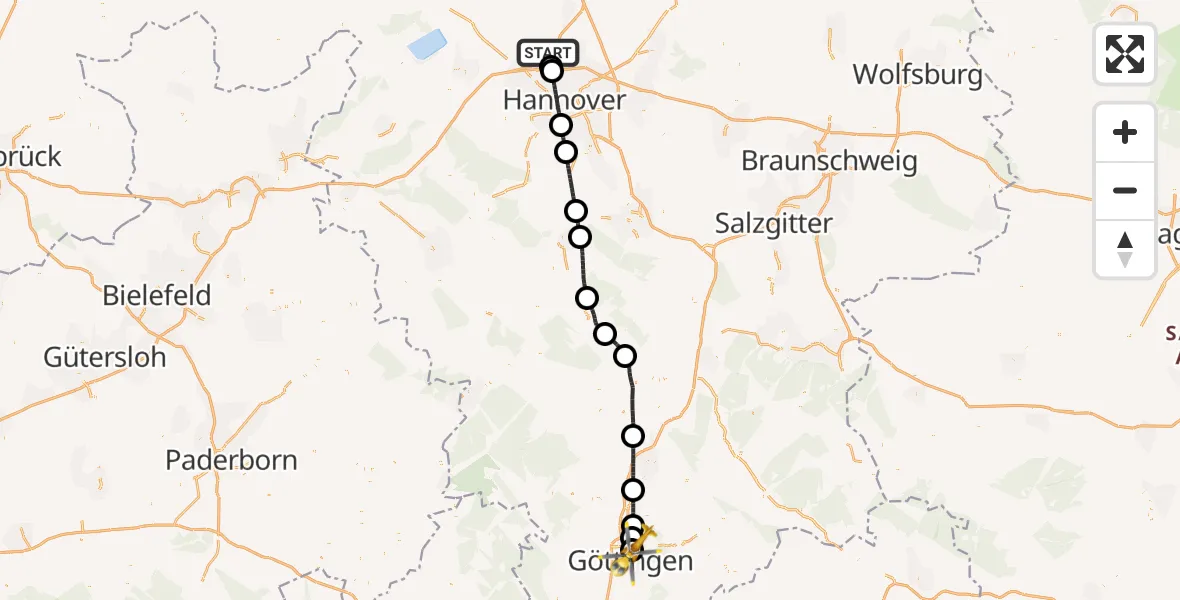 Flugroute Ambulanzhubschrauber Flughafen Hannover - Göttingen University Clinic Hubschrauberlandeplatz, 29 März 2026, 07:58