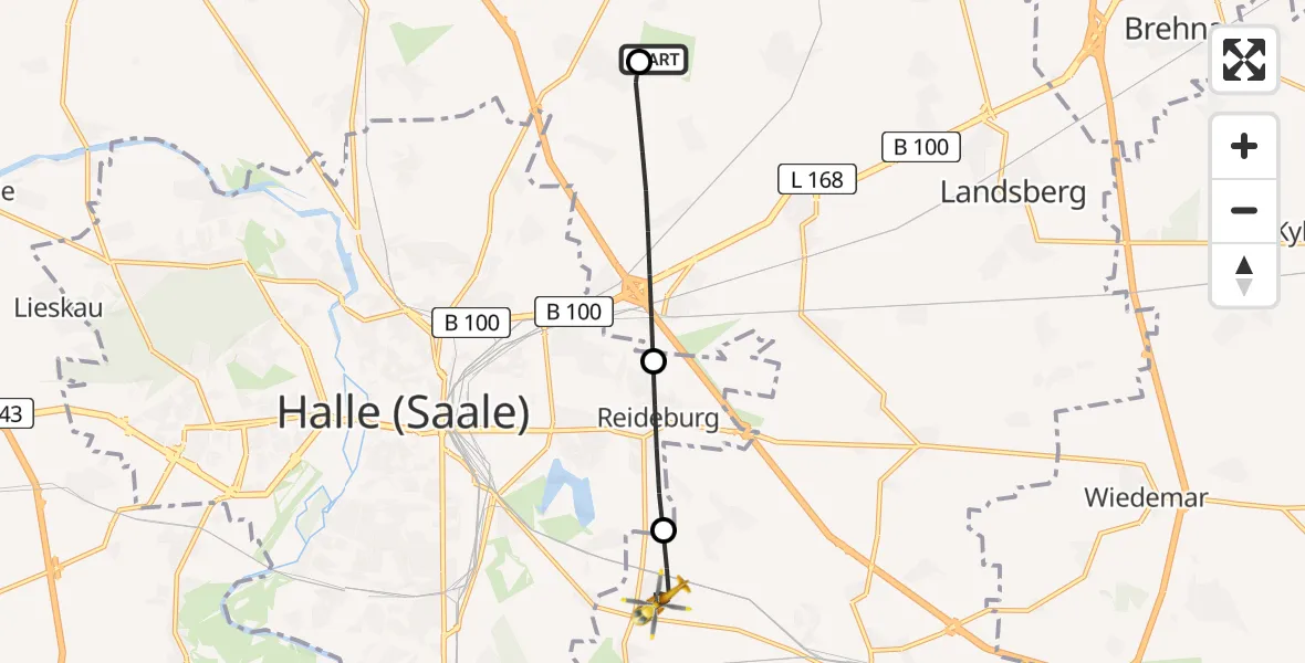 Flugroute Rettungshubschrauber Halle-Oppin Flugplatz - Kabelsketal, 29 März 2026, 07:59