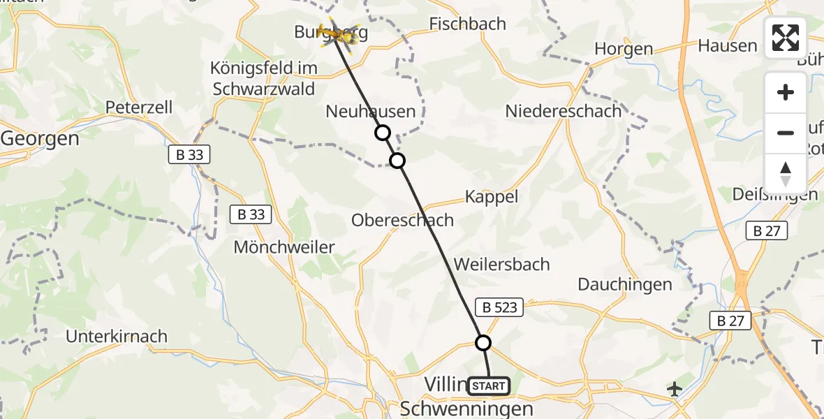Flugroute Rettungshubschrauber DRF Air Rescue Station Villingen-Schwenningen Hubschrauberlandeplatz (Christoph 11) - Königsfeld im Schwarzwald, 29 März 2026, 08:04