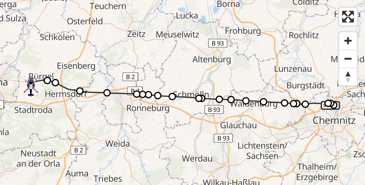 Flugroute Polizeihubschrauber Chemnitz-Glösa Industrial Park Hubschrauberlandeplatz - Jena-Schöngleina Flugplatz, 29 März 2026, 08:06
