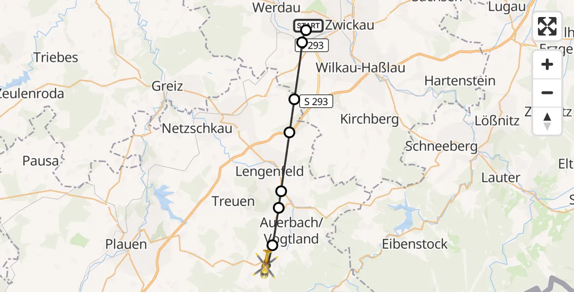 Flugroute Rettungshubschrauber ADAC Air Rescue Station Zwickau Hubschrauberlandeplatz - Falkenstein/Vogtl., 29 März 2026, 08:09