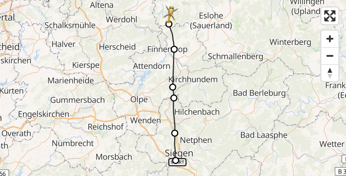 Flugroute Rettungshubschrauber Evangelisches Jung-Stilling Hospital - Sundern (Sauerland), 29 März 2026, 08:21