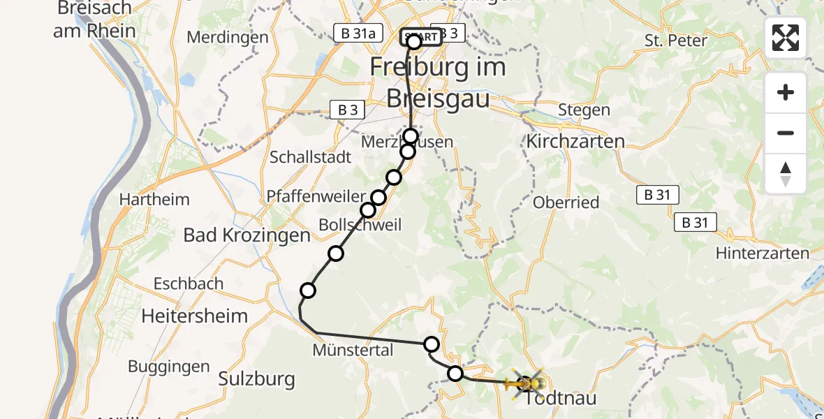 Flugroute Ambulanzhubschrauber Freiburg im Breisgau Flugplatz - Todtnau, 29 März 2026, 08:32