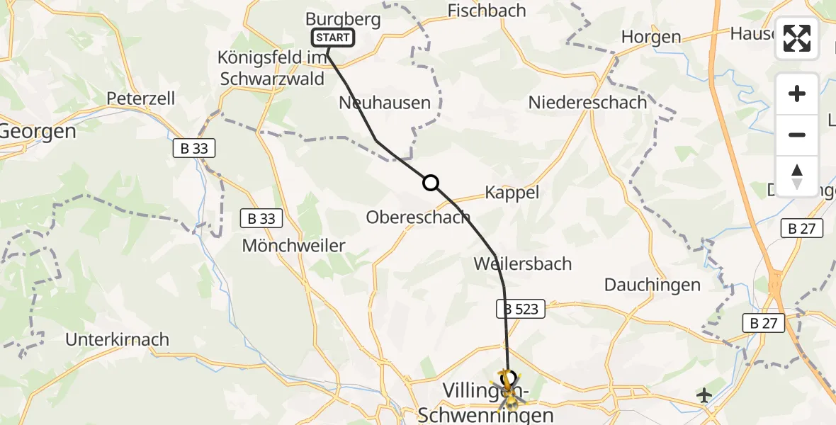 Flugroute Rettungshubschrauber Königsfeld im Schwarzwald - DRF Air Rescue Station Villingen-Schwenningen Hubschrauberlandeplatz (Christoph 11), 29 März 2026, 08:35