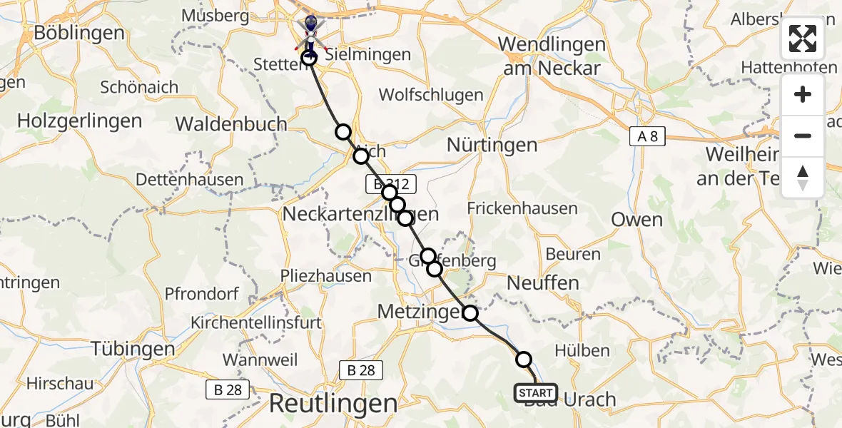Routekaart van de vlucht: Polizeihubschrauber nach Flughafen Stuttgart