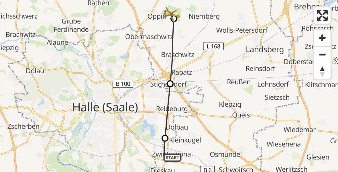 Routekaart van de vlucht: Rettungshubschrauber nach Halle-Oppin Flugplatz