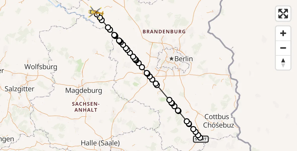 Flugroute Ambulanzhubschrauber Senftenberg - Perleberg, 29 März 2026, 08:46