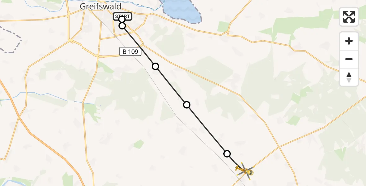 Flugroute Rettungshubschrauber Greifswald Hospital - Züssow, 29 März 2026, 08:50