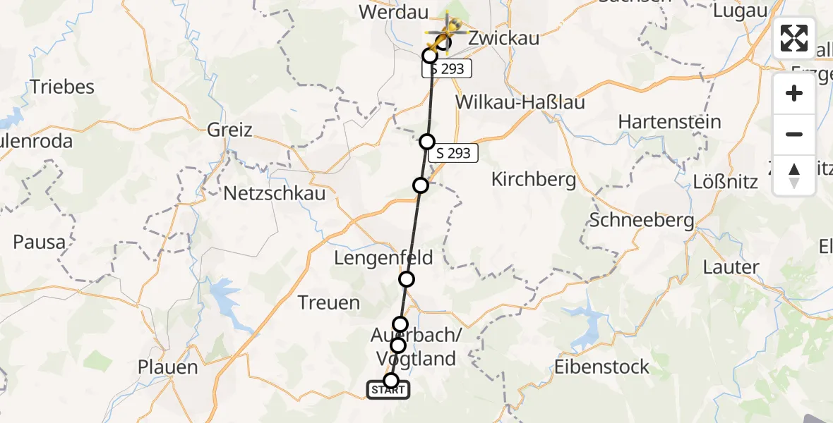 Routekaart van de vlucht: Rettungshubschrauber nach ADAC Air Rescue Station Zwickau Hubschrauberlandeplatz