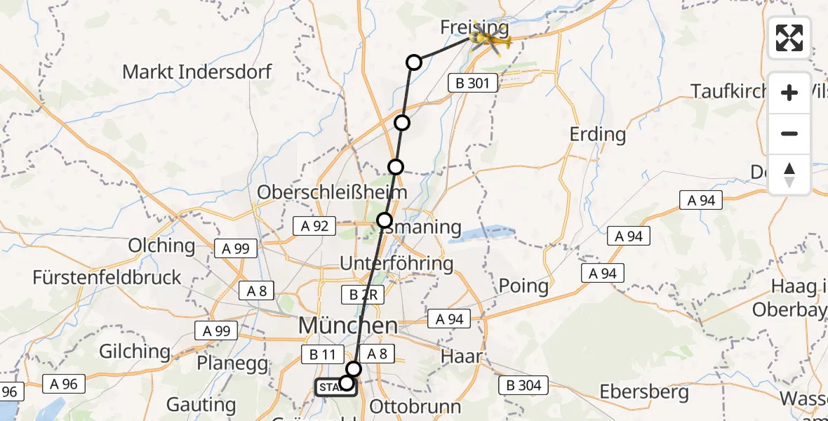 Flugroute Rettungshubschrauber ADAC Air Rescue Center Hubschrauberlandeplatz (Christoph 1) - Freising, 29 März 2026, 09:03