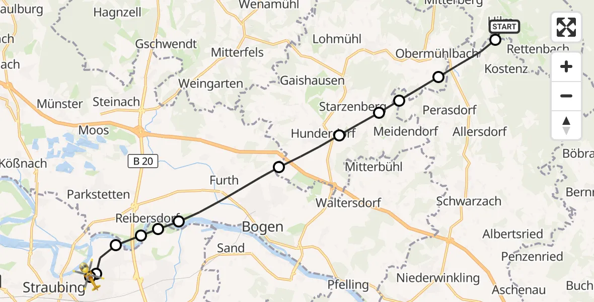 Flugroute Rettungshubschrauber Sankt Englmar - Sankt Elisabeth Hospital Straubing, 29 März 2026, 09:13