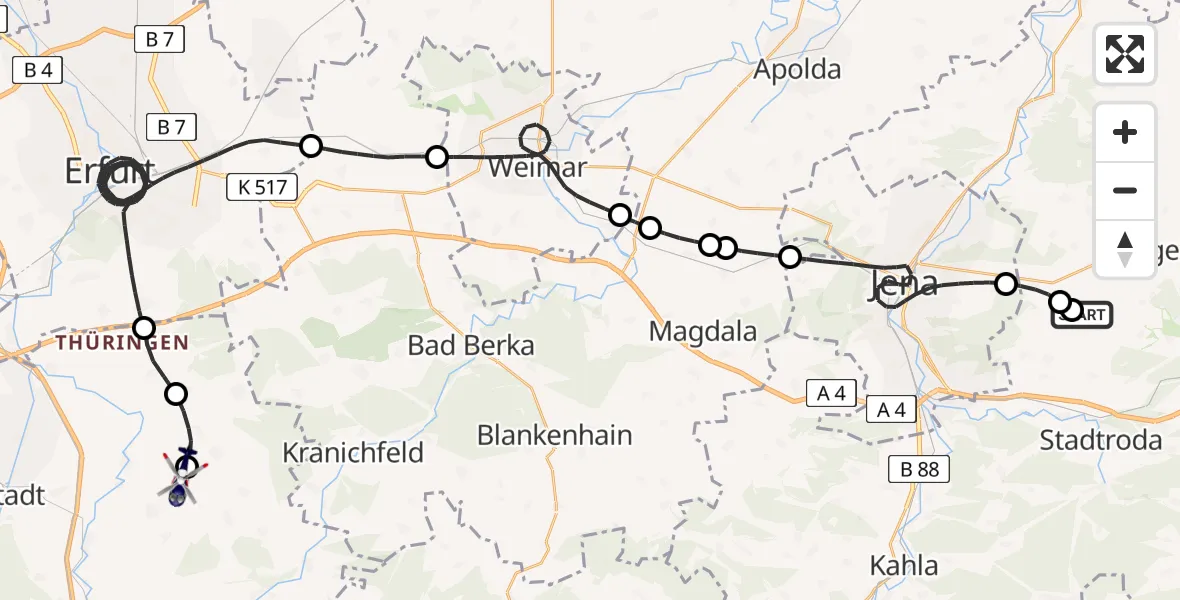 Routekaart van de vlucht: Polizeihubschrauber nach Osthausen-Wülfershausen, Am Flugplatz