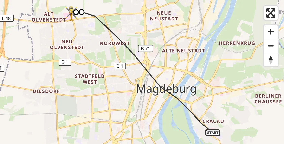 Flugroute Rettungshubschrauber Magdeburg - Magdeburg Hospital, 29 März 2026, 09:26