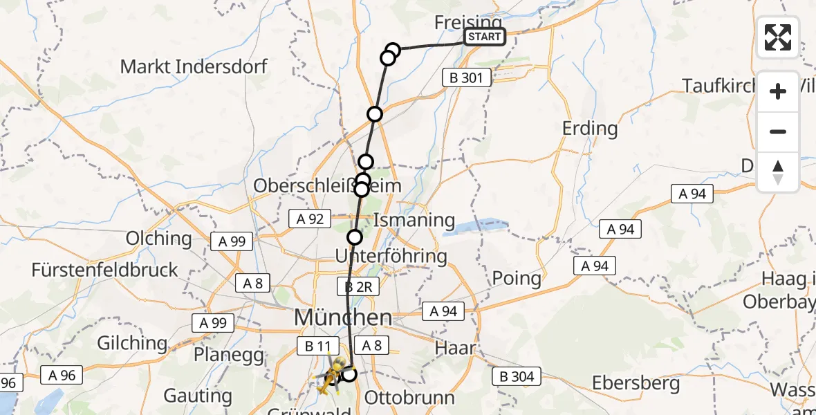 Flugroute Rettungshubschrauber Freising - ADAC Air Rescue Center Hubschrauberlandeplatz (Christoph 1), 29 März 2026, 09:34