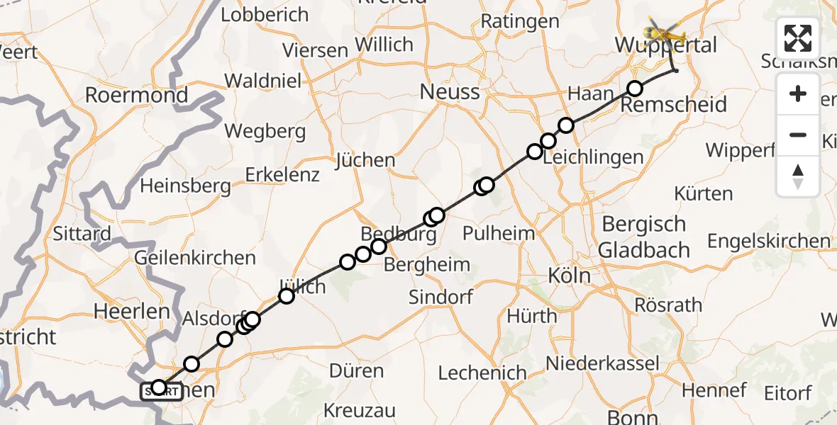 Flugroute Ambulanzhubschrauber Aachen Hospital - Wuppertal, 29 März 2026, 09:35