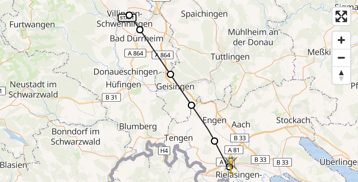 Flugroute Rettungshubschrauber DRF Air Rescue Station Villingen-Schwenningen Hubschrauberlandeplatz (Christoph 11) - Singen (Hohentwiel), 29 März 2026, 09:37