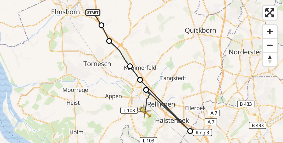 Routekaart van de vlucht: Rettungshubschrauber nach Pinneberg, Datumer Chaussee