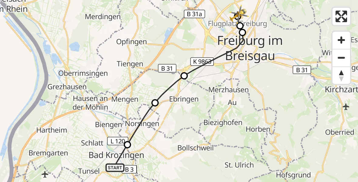 Flugroute Ambulanzhubschrauber Bad Krozingen - Freiburg im Breisgau Flugplatz, 29 März 2026, 10:07