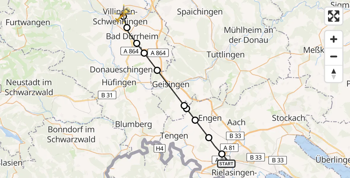 Routekaart van de vlucht: Rettungshubschrauber nach DRF Air Rescue Station Villingen-Schwenningen Hubschrauberlandeplatz (Christoph 11)