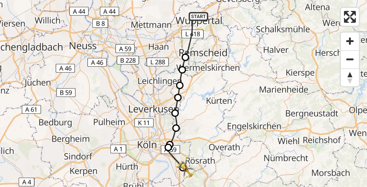 Flugroute Ambulanzhubschrauber Wuppertal - Köln Bonn Flughafen, 29 März 2026, 10:20