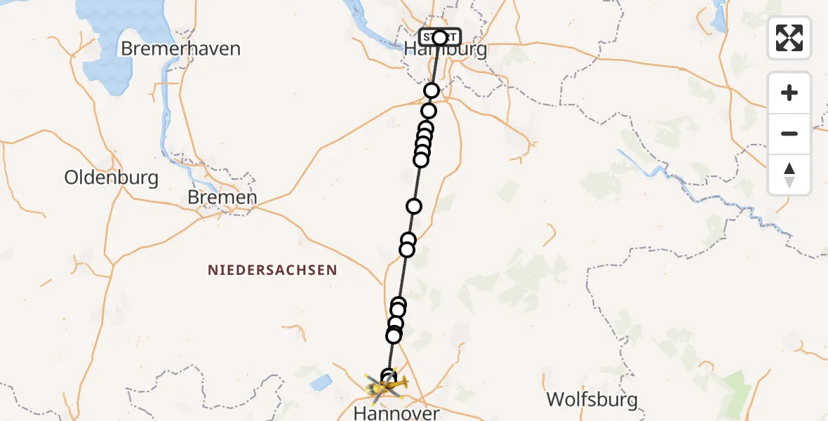 Flugroute Ambulanzhubschrauber Universitätsklinikum Hamburg-Eppendorf Hubschrauberlandeplatz - Flughafen Hannover, 29 März 2026, 10:46