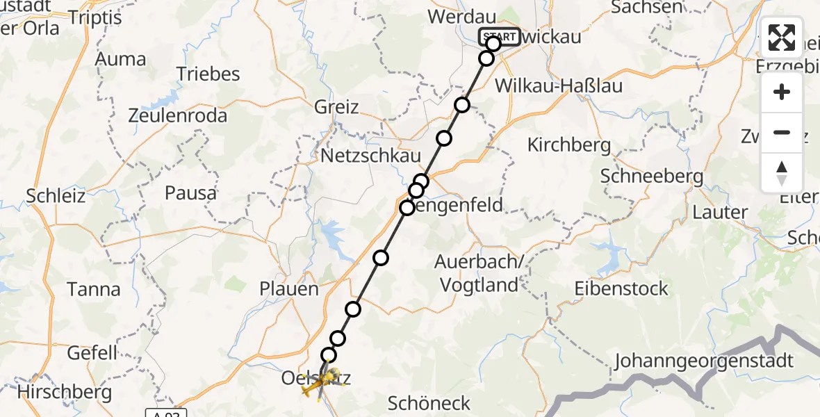 Flugroute Rettungshubschrauber ADAC Air Rescue Station Zwickau Hubschrauberlandeplatz - Oelsnitz/Vogtl., 29 März 2026, 10:46