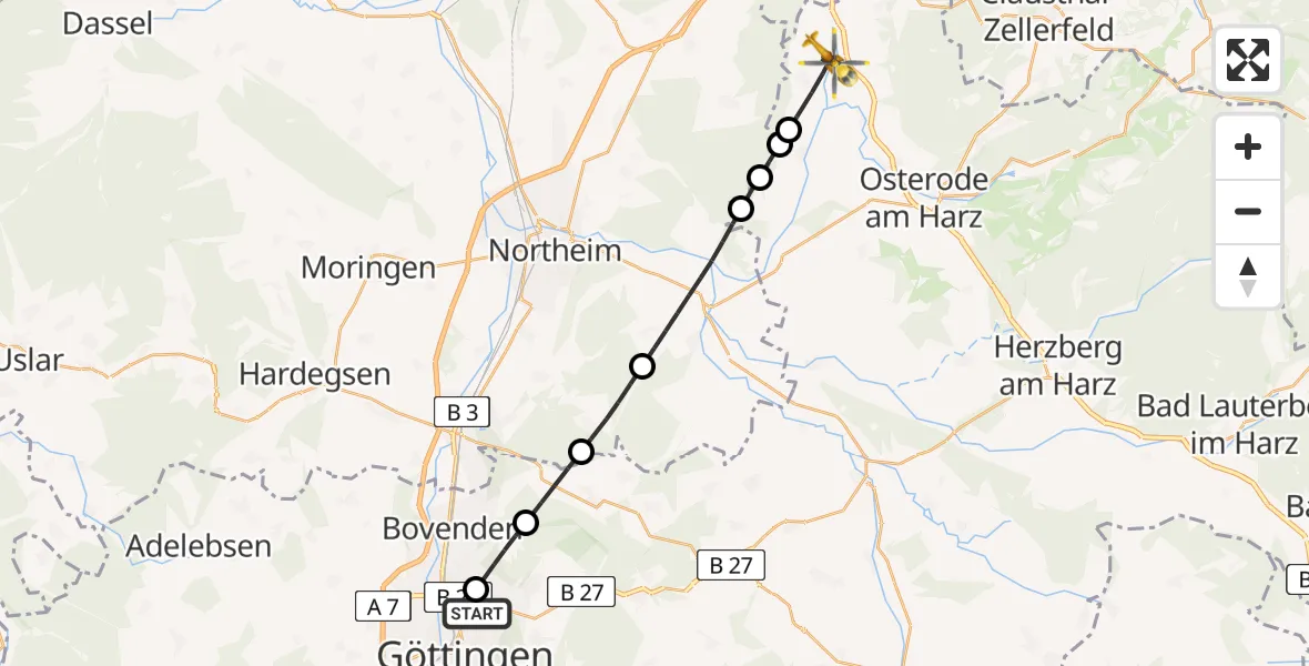 Flugroute Rettungshubschrauber Göttingen University Clinic Hubschrauberlandeplatz - Bad Grund (Harz), 29 März 2026, 10:47
