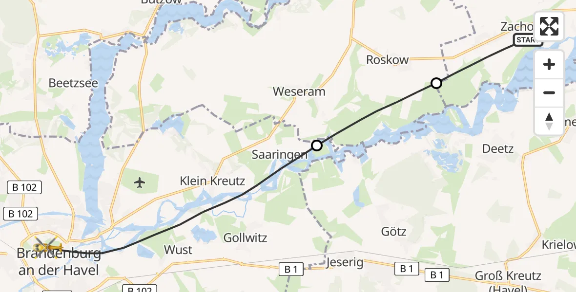 Flugroute Rettungshubschrauber Ketzin/Havel - Brandenburg an der Havel, 29 März 2026, 10:53
