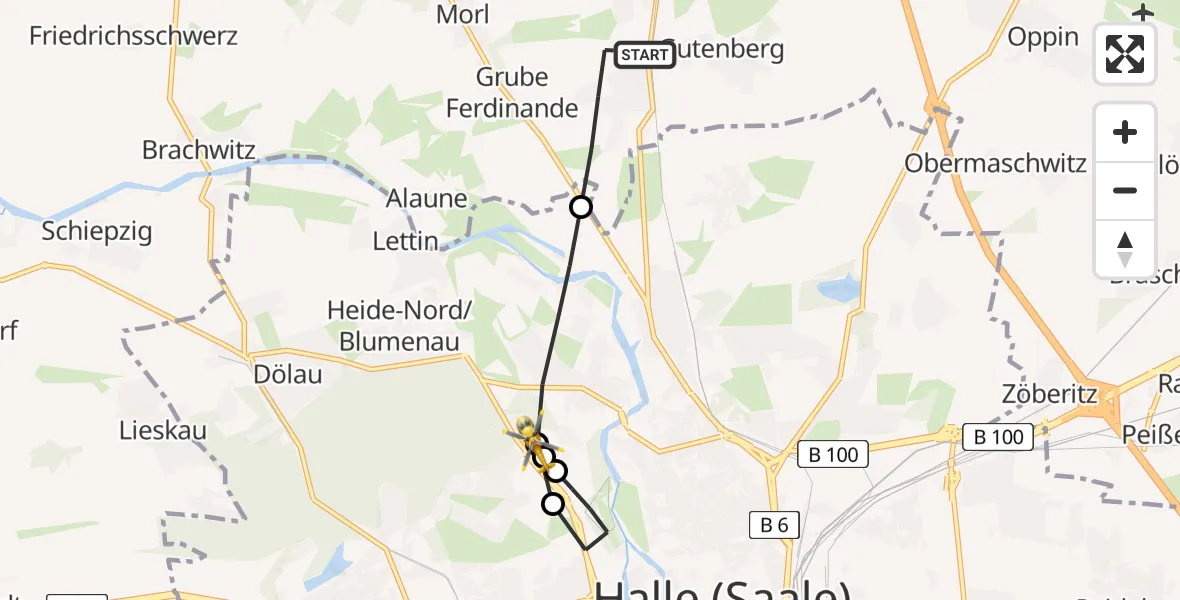 Flugroute Ambulanzhubschrauber Petersberg - Halle (Saale) University Hospital, 29 März 2026, 11:05