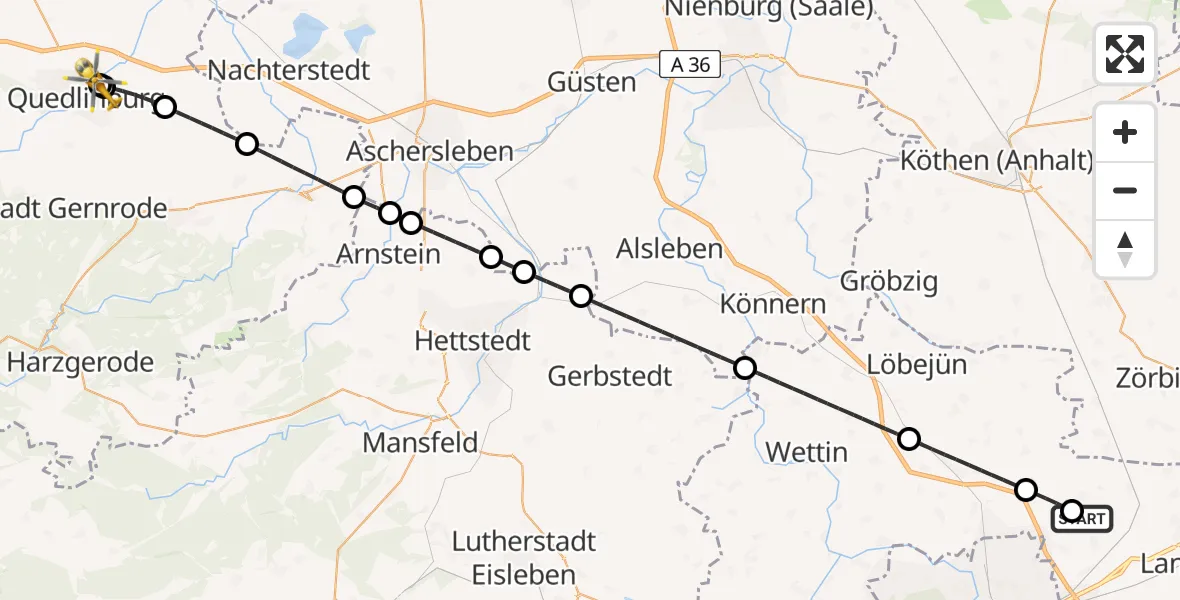 Flugroute Rettungshubschrauber Halle-Oppin Flugplatz - Harz Hospital Quedlinburg, 29 März 2026, 11:22