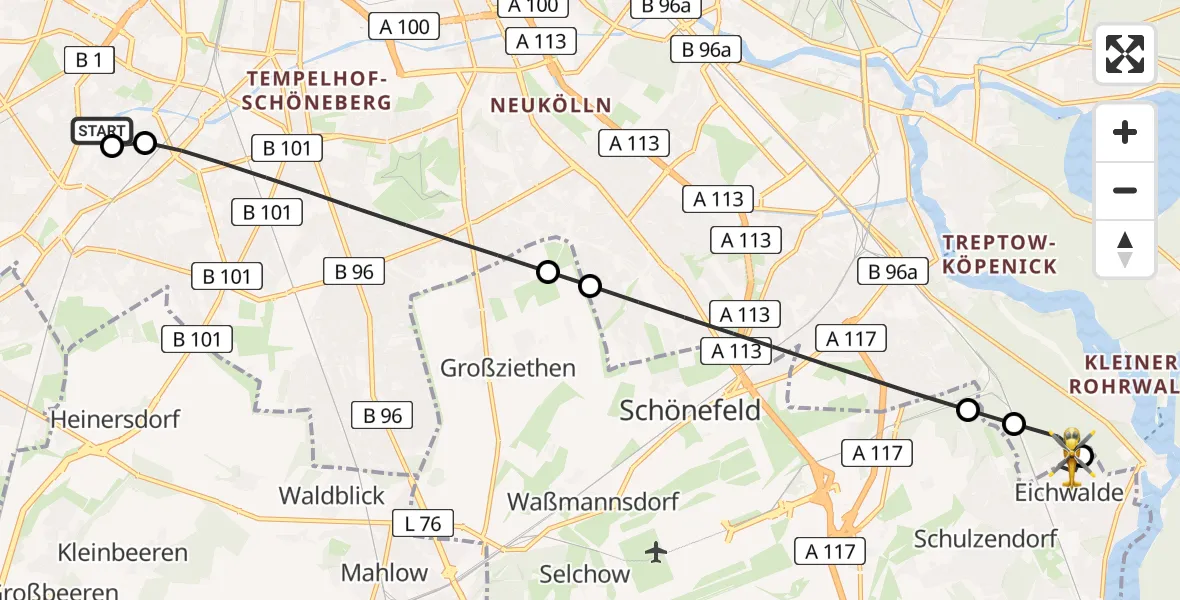 Flugroute Rettungshubschrauber Charité Clinic Benjamin Franklin Campus - Eichwalde, 29 März 2026, 11:26