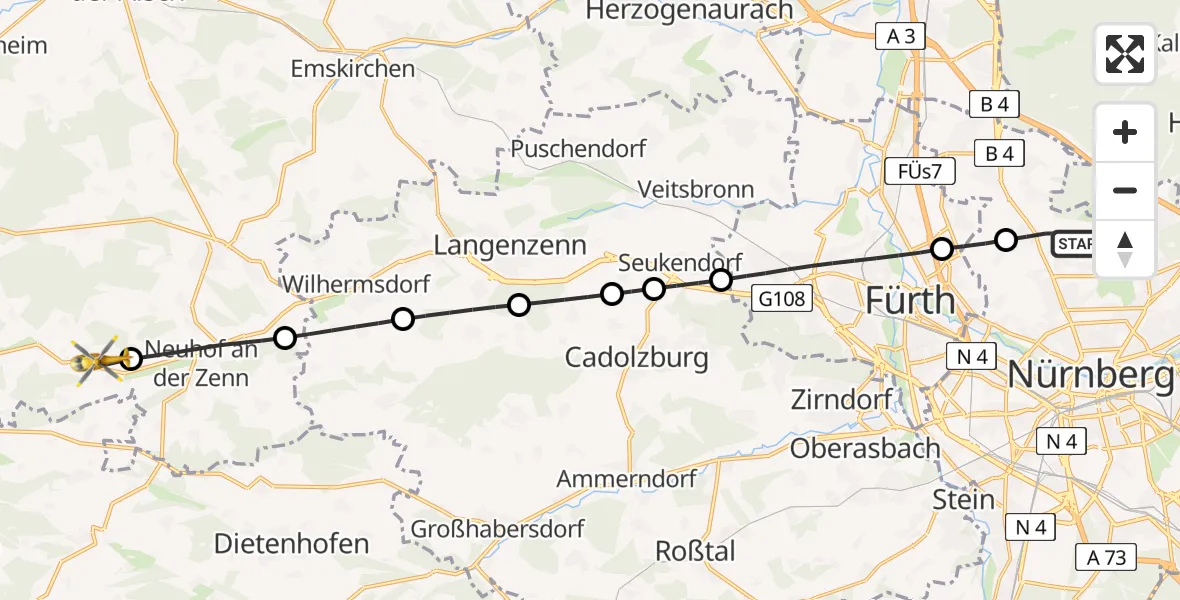 Flugroute Rettungshubschrauber Flughafen Nuremberg - Trautskirchen, 29 März 2026, 11:27