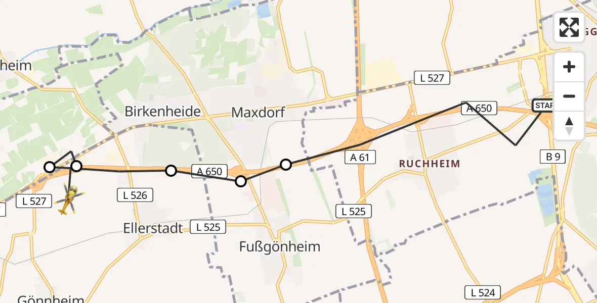 Flugroute Rettungshubschrauber Ludwigshafen am Rhein - Ellerstadt, 29 März 2026, 11:29