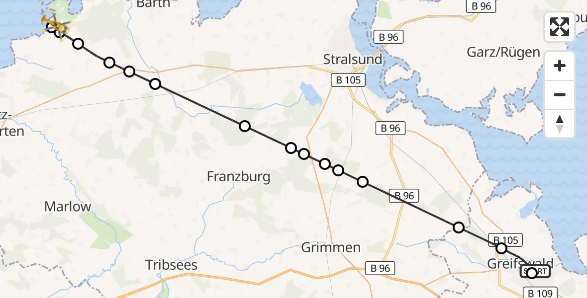 Flugroute Rettungshubschrauber Greifswald Hospital - Saal, 29 März 2026, 11:30