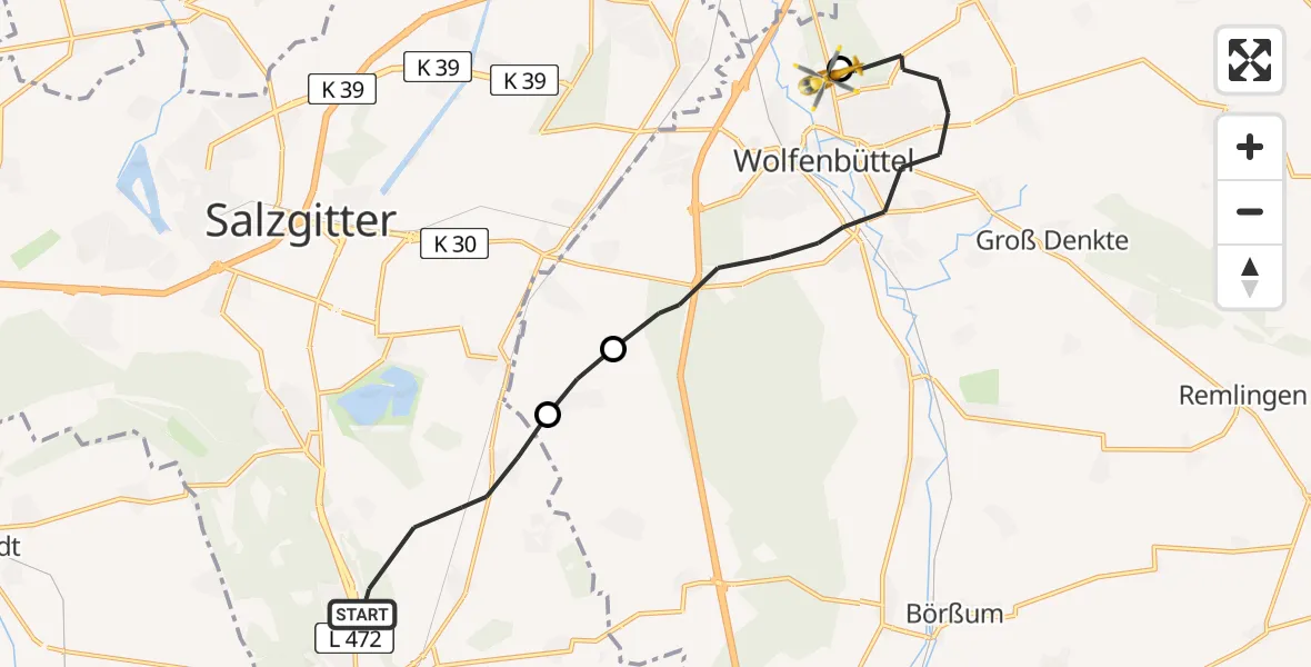 Flugroute Rettungshubschrauber Salzgitter - Wolfenbüttel Municipal Hospital Heliport (Christoph 30), 29 März 2026, 11:34