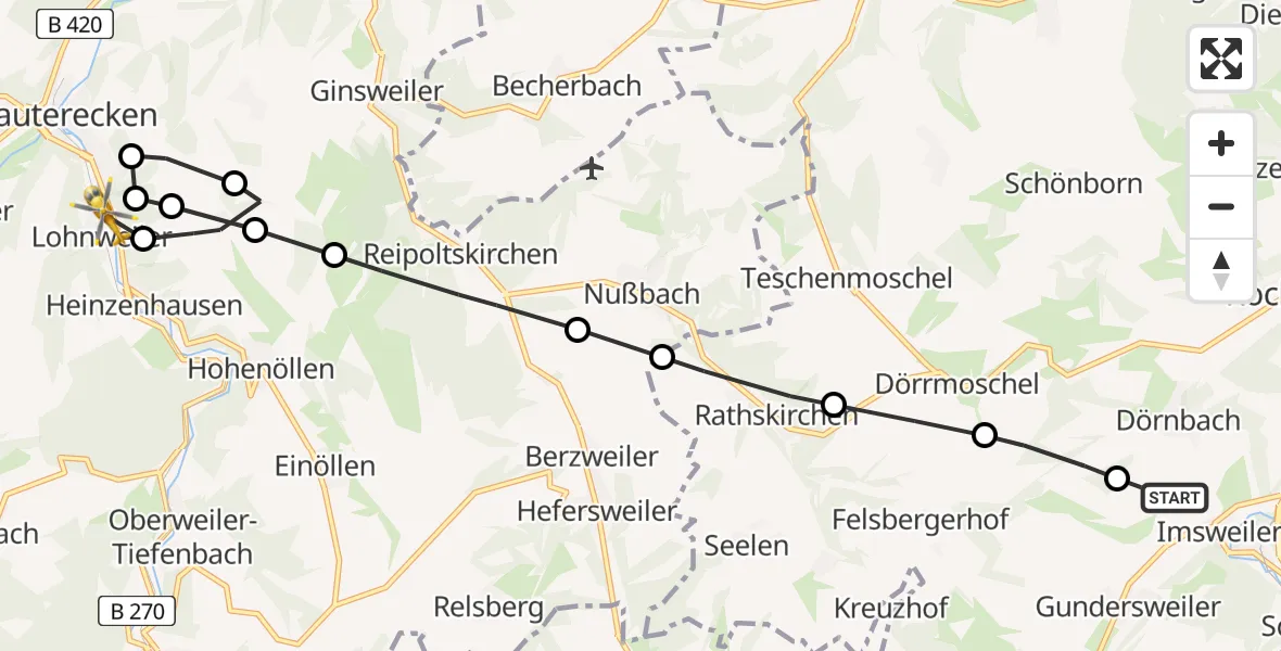 Flugroute Rettungshubschrauber Imsweiler UL - Lohnweiler, 29 März 2026, 11:39